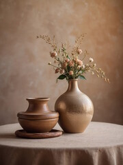 Elegant Simplicity, Empty Table and Vase on Boho Beige Background