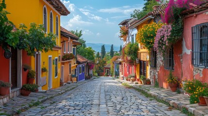 Fototapeta premium Colorful Historic Street with Cobblestone Road and Vibrant Facades on a Sunny Day