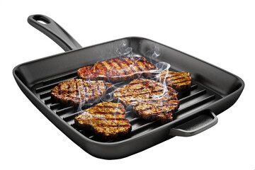 Grilled steaks in hot frying pan. Transparent background. 3D illustration