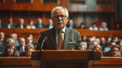 Fototapeta premium Senior Political Leader Delivering Speech in Parliament Hall