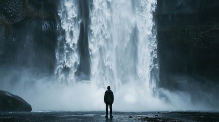 Obraz premium Profound Impact: A Monumental Silhouette Against a Cascading Waterfall
