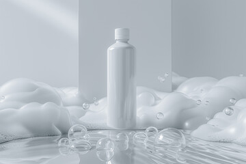 Minimalistic white mock up lotion or shampoo bottle on clean foamy fresh background. Space for text