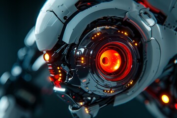 Closeup of a futuristic robot with glowing red lights, set against a sleek black metallic background