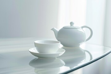 Closeup of a white ceramic teapot and matching teacup placed on a clear glass table