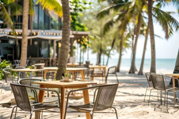 Trendy tables and chairs set up on a sandy beach with palm trees in the background