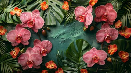 Fototapeta premium Group of Pink Flowers Surrounded by Green Leaves