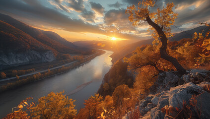 Wide angle, Mountain, Autumn, Sunny day, Sunset, Curved river. Generative AI.