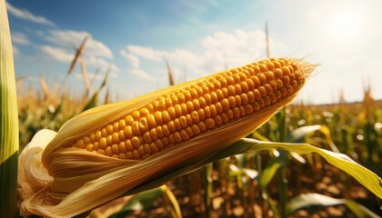 A close-up of an ear of corn on the cob, with the field of corn in the background on a sunny day.