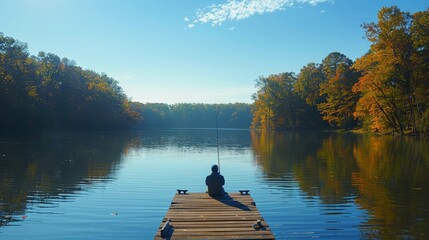 Person Sitting on Dock Fishing on Lake