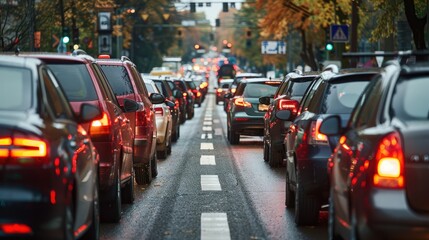 A busy street with many cars and a few trucks. The cars are stopped at a red light