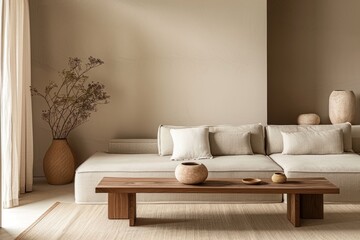 A modern living room setup with a white couch and a wooden coffee table, showcasing clean lines and minimalist design