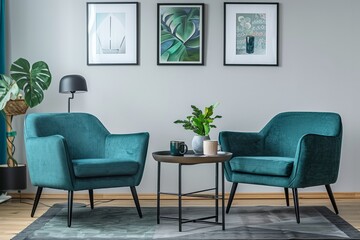 A medium shot of a living room featuring two teal armchairs on either side of a small table