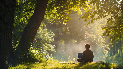 An inspiring image capturing the harmonious blend of work and nature as a person diligently works on their laptop amidst the serene beauty of the great outdoors