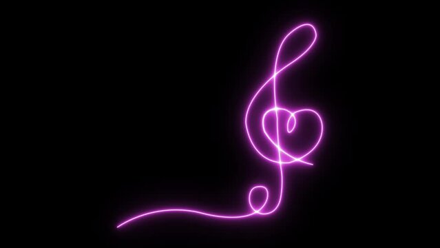 Neon Treble Clef And Heart. Musical note heart. One line art animation. Song Element Icon Animation. Love music composition concept. Hand drawn continuous contour drawing motion outline. Romantic song