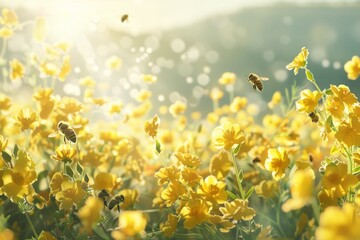 A field filled with bright yellow flowers buzzing with bees in search of nectar