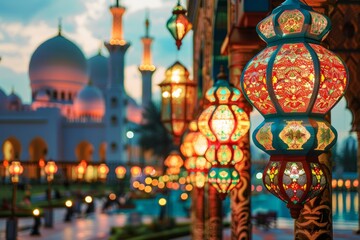 Ramadan Kareem ambiance captured in a colorful display of Arabic lanterns hanging from a buildings...