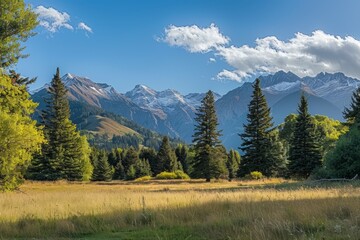 A panoramic view of a grassy field with trees in the foreground and majestic mountains towering in the distance