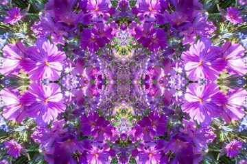 A panoramic view of a sundrenched garden filled with a bunch of vibrant purple flowers arranged in a mesmerizing kaleidoscope pattern