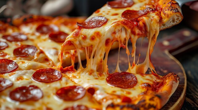 Delicious juicy pizza with elastic cheese and salami