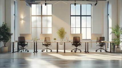 A modern office with adjustable-height office desks in a bright minimalist style. Generative AI.