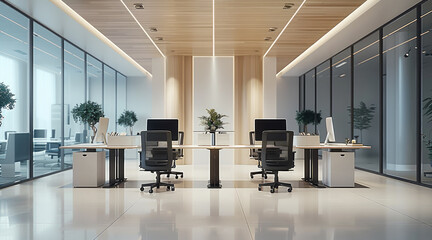 A modern office with adjustable-height office desks in a bright minimalist style. Generative AI.