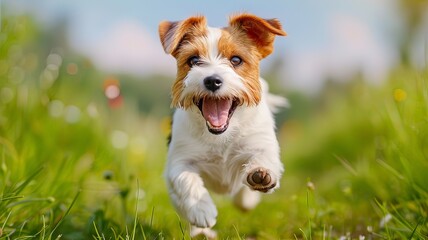 A small dog is running through a field of grass