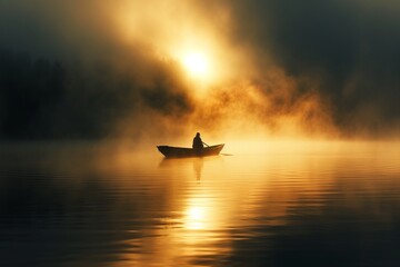 Person in a Boat on a Lake at Sunset