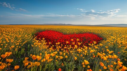 Fototapeta premium A field of yellow and red flowers with a heart in the middle