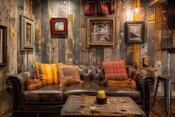 A cozy living room with a couch, table, and rustic picture frames hanging on a distressed wooden wall