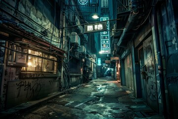 A dark alley in a cyberpunk cityscape with a prominent clock on the side, illuminated by neon lights