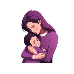 Obraz premium Sad mother hugs her baby boy. Care and love of parent for his son. Family hug. Separation of mother and child. Cartoon illustration