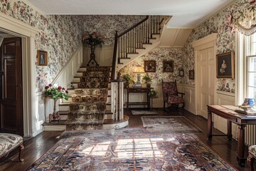 A room featuring a staircase and a rug on the floor in an elegant foyer of a country estate
