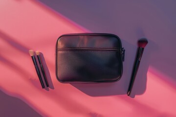 Stylish black cosmetic bag with a pair of makeup brushes neatly arranged on a solid background under soft lighting
