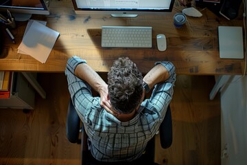 A man sits at a desk with hands on head, showing signs of stress and worry