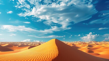 The endless desert, golden sand dunes, delicate, blue sky with a trace of clouds, between heaven and earth. Generative AI.