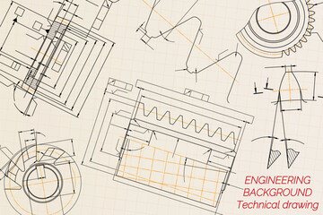 Mechanical engineering drawings on light background. Tap tools, borer, cutting tools, milling cutter. Technical Design. Cover. Blueprint. Vector illustration.