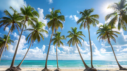 Obraz premium An idyllic image capturing the serene beauty of coconut trees swaying gently in the tropical breeze, against a backdrop of clear blue skies and shimmering turquoise waters