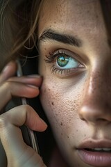 Woman With Freckles on Her Face Talking on a Cell Phone