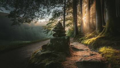 Tranquil Dusk: Sun-Kissed Forest Pathway with Enigmatic Cairn