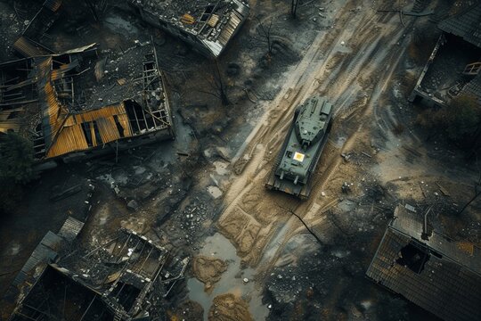 Aerial View of a Destroyed Building and Tank