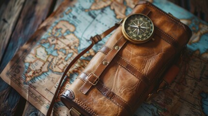Leather bag and compass set upon an antique world map ready for an adventure