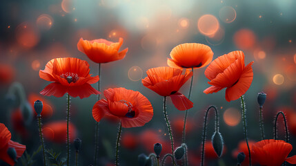 A field of red poppies with a blurry background