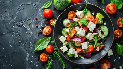 Traditional Greek Salad. Top view macro. Food Photography