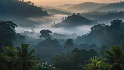 Enigmatic Enclave, Exotic Fog-Enshrouded Forest, a Panoramic Jungle Oasis
