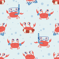 Seamless vector pattern with funny crabs in the ocean of waves, great for kids and baby textile