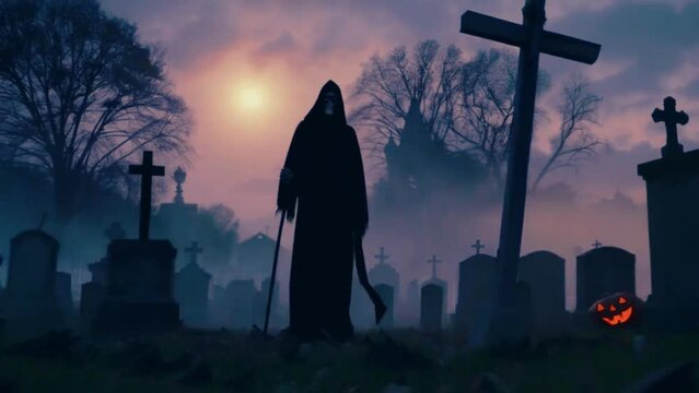 Grim Reaper sword Silhouette in a Cemetery Graveyard in Sunset, Halloween Dark Background 4k High-Quality Animation Video
