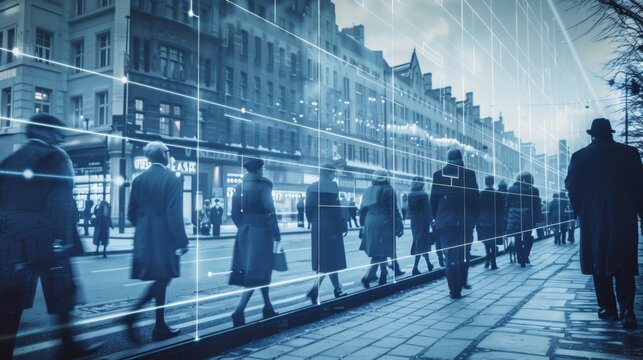 Visual representation of business evolution timeline merging modern city life with a futuristic chart overlay