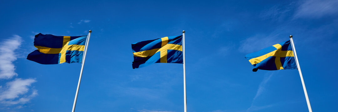 Swedish flags. Three Swedish flags on blue sky. Swedish flag fluttering on wind. National Day of Sweden. Swedish Flag Day. Header. 