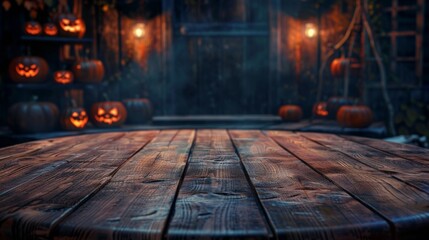 Halloween-themed room with carved pumpkins and candles, showcasing a festive and eerie ambiance in a rustic setting.