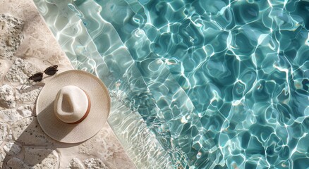 Hat, Sunglasses, and Straw Hat by Pool